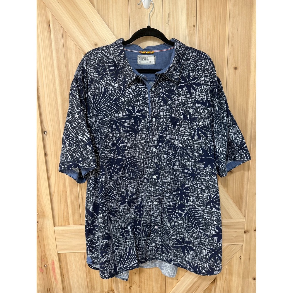 Free Planet Mens 4X Navy Blue Dotted Tropical Leaf Cotton Button Down Shirt